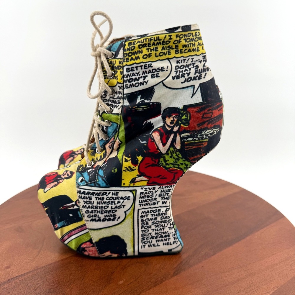 RARE Jeffrey Campbell Nightlita Comic Pop Art Heelless Wedge Booties Women 7 - Picture 2 of 14
